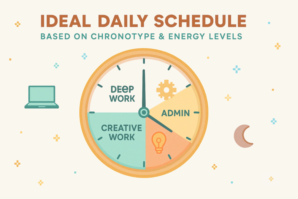 Clock with different tasks placed at different times of day (creative work, deep work, admin, rest)