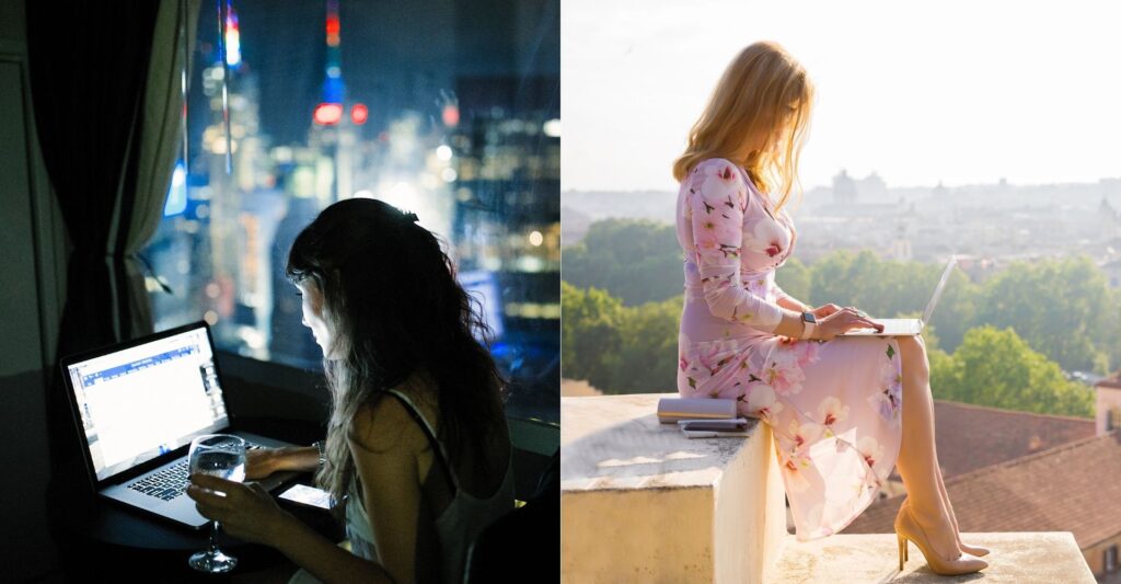 Comparison of night owl and morning person working at their peak productivity times.